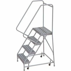 Tri-Arc 4 Step Aluminum Rolling Ladder, 24"W Ribbed Step, 30" Handrails - WLAR104244