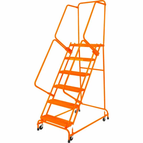 Ballymore Perforated 24"W 6 Step Steel Rolling Ladder 21"D Top Step W/Handrails Lock Step Orange - FS063021P-O 3 Ballymore Perforated 24"W 6 Step Steel Rolling Ladder 21"D Top Step W/Handrails Lock Step Orange - FS063021P-O