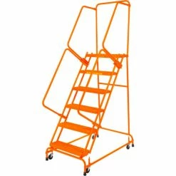Ballymore Perforated 24"W 5 Step Steel Rolling Ladder 21"D Top Step W/ Handrails - Orange - FSH52621P-O