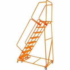 Ballymore Grip 24"W 7 Step Steel Rolling Ladder 14"D Top Step W/ Handrails - Orange - FSH726-G-O