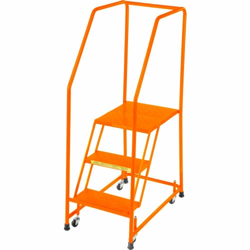 Ballymore Grip 16"W 3 Step Steel Rolling Ladder 20"D Top Step W/ Handrails - Orange - H31820G-O 3 Ballymore Grip 16"W 3 Step Steel Rolling Ladder 20"D Top Step W/ Handrails - Orange - H31820G-O