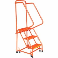Ballymore Perforated 16"W 3 Step Steel Rolling Ladder 10"D Top Step W/ Handrails - Orange - H318P-O -Ladders Sales Store BLL H318P O