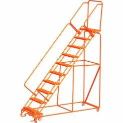 Ballymore 5 Step 24"W Steel Safety Angle Orange Rolling Ladder W/ Handrails, Perforated Tread - SW530P-O