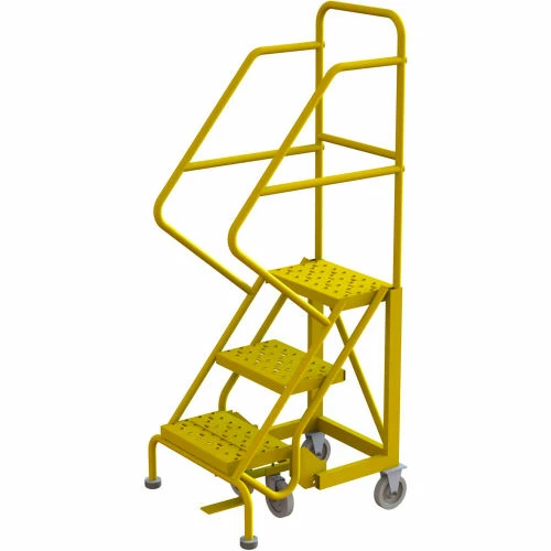 Tri-Arc 3 Step 16"W Steel Safety Angle Rolling Ladder, Perforated Tread, Safety Yellow - KDEC103166-Y 3 Tri-Arc 3 Step 16"W Steel Safety Angle Rolling Ladder, Perforated Tread, Safety Yellow - KDEC103166-Y