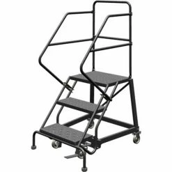 Tri-Arc 3 Step 24"W Steel Safety Angle Rolling Ladder, Perforated Tread, Gray - KDEC103246