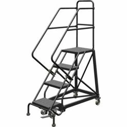 Tri-Arc 4 Step 16"W Steel Safety Angle Rolling Ladder, Perforated Tread, Gray - KDEC104166