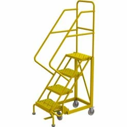 Tri-Arc 4 Step 16"W Steel Safety Angle Rolling Ladder, Perforated Tread, Safety Yellow - KDEC104166-Y