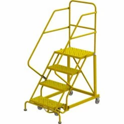 Tri-Arc 4 Step 24"W Steel Safety Angle Rolling Ladder, Perforated Tread, Safety Yellow - KDEC104246-Y