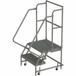 Tri-Arc 2 Step 24"W 20"D Top Step Steel Rolling Ladder, Grip Strut Tread, 42" Handrail - KDSR102242-D2