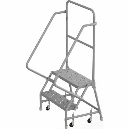 Tri-Arc 2 Step 24"W 10"D Top Step Steel Rolling Ladder, Perforated Tread, 42" Handrail - KDSR102246 3 Tri-Arc 2 Step 24"W 10"D Top Step Steel Rolling Ladder, Perforated Tread, 42" Handrail - KDSR102246