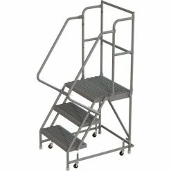 Tri-Arc 3 Step 16"W 10"D Top Step Steel Rolling Ladder, Grip Strut Tread, 42" Handrail - KDSR103162