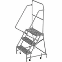 Tri-Arc 3 Step 24"W 10"D Top Step Steel Rolling Ladder, Grip Strut Tread, 42" Handrail - KDSR103242
