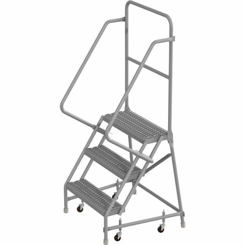 Tri-Arc 3 Step 24"W 10"D Top Step Steel Rolling Ladder, Grip Strut Tread, 42" Handrail - KDSR103242 3 Tri-Arc 3 Step 24"W 10"D Top Step Steel Rolling Ladder, Grip Strut Tread, 42" Handrail - KDSR103242