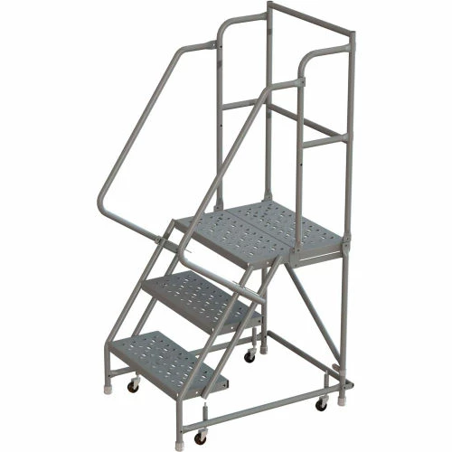 Tri-Arc 3 Step 24"W 20"D Top Step Steel Rolling Ladder, Perforated Tread, 42" Handrail - KDSR103246-D2 3 Tri-Arc 3 Step 24"W 20"D Top Step Steel Rolling Ladder, Perforated Tread, 42" Handrail - KDSR103246-D2