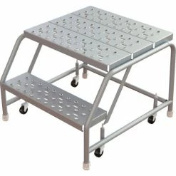 Tri-Arc Rolling Ladder, 2 Step, Aluminum, Perforated, 21" Deep Top Step, No Handrails, 24"W Step