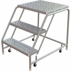 Tri-Arc Rolling Ladder, 3 Step, Aluminum, Perforated, 21" Deep Top Step, No Handrails, 24"W Step