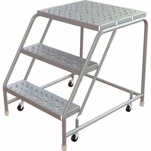 Tri-Arc Rolling Ladder, 3 Step, Aluminum, Perforated, 21" Deep Top Step, No Handrails, 24"W Step 3 Tri-Arc Rolling Ladder, 3 Step, Aluminum, Perforated, 21" Deep Top Step, No Handrails, 24"W Step