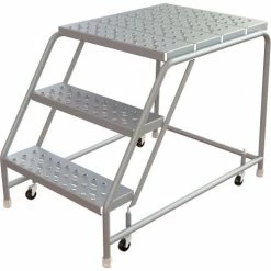 Tri-Arc Rolling Ladder, 3 Step, Aluminum, Perforated, 28" Deep Top Step, No Handrails, 24"W Step