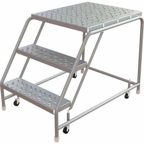 Tri-Arc Rolling Ladder, 3 Step, Aluminum, Perforated, 28" Deep Top Step, No Handrails, 24"W Step 3 Tri-Arc Rolling Ladder, 3 Step, Aluminum, Perforated, 28" Deep Top Step, No Handrails, 24"W Step