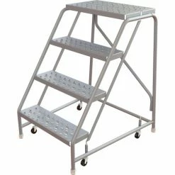 Tri-Arc Rolling Ladder, 4 Step, Aluminum, Perforated, 14" Deep Top Step, No Handrails, 24"W Step
