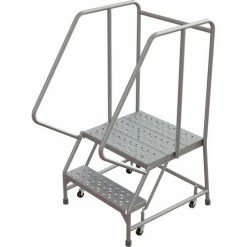 Tri-Arc Rolling Ladder, 2 Step, Aluminum, Perforated, 21" Deep Top Step, With Handrails, 24"W Step