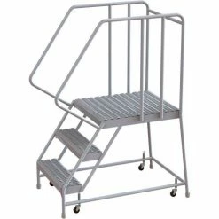 Tri-Arc 3 Step Aluminum Rolling Ladder, 16"W Grip Tread, 28"D Top Step, 32" Handrails - WLAR103165-D5