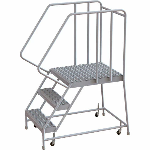Tri-Arc 3 Step Aluminum Rolling Ladder, 16"W Grip Tread, 28"D Top Step, 32" Handrails - WLAR103165-D5 3 Tri-Arc 3 Step Aluminum Rolling Ladder, 16"W Grip Tread, 28"D Top Step, 32" Handrails - WLAR103165-D5