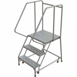 Tri-Arc Rolling Ladder, 3 Step, Aluminum, Perforated, 21" Deep Top Step, With Handrails, 24"W Step