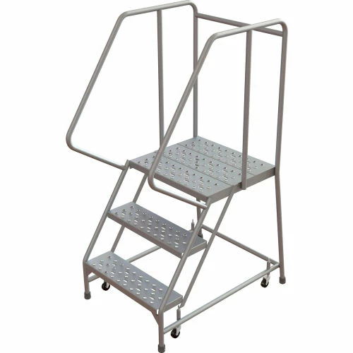 Tri-Arc Rolling Ladder, 3 Step, Aluminum, Perforated, 21" Deep Top Step, With Handrails, 24"W Step 3 Tri-Arc Rolling Ladder, 3 Step, Aluminum, Perforated, 21" Deep Top Step, With Handrails, 24"W Step